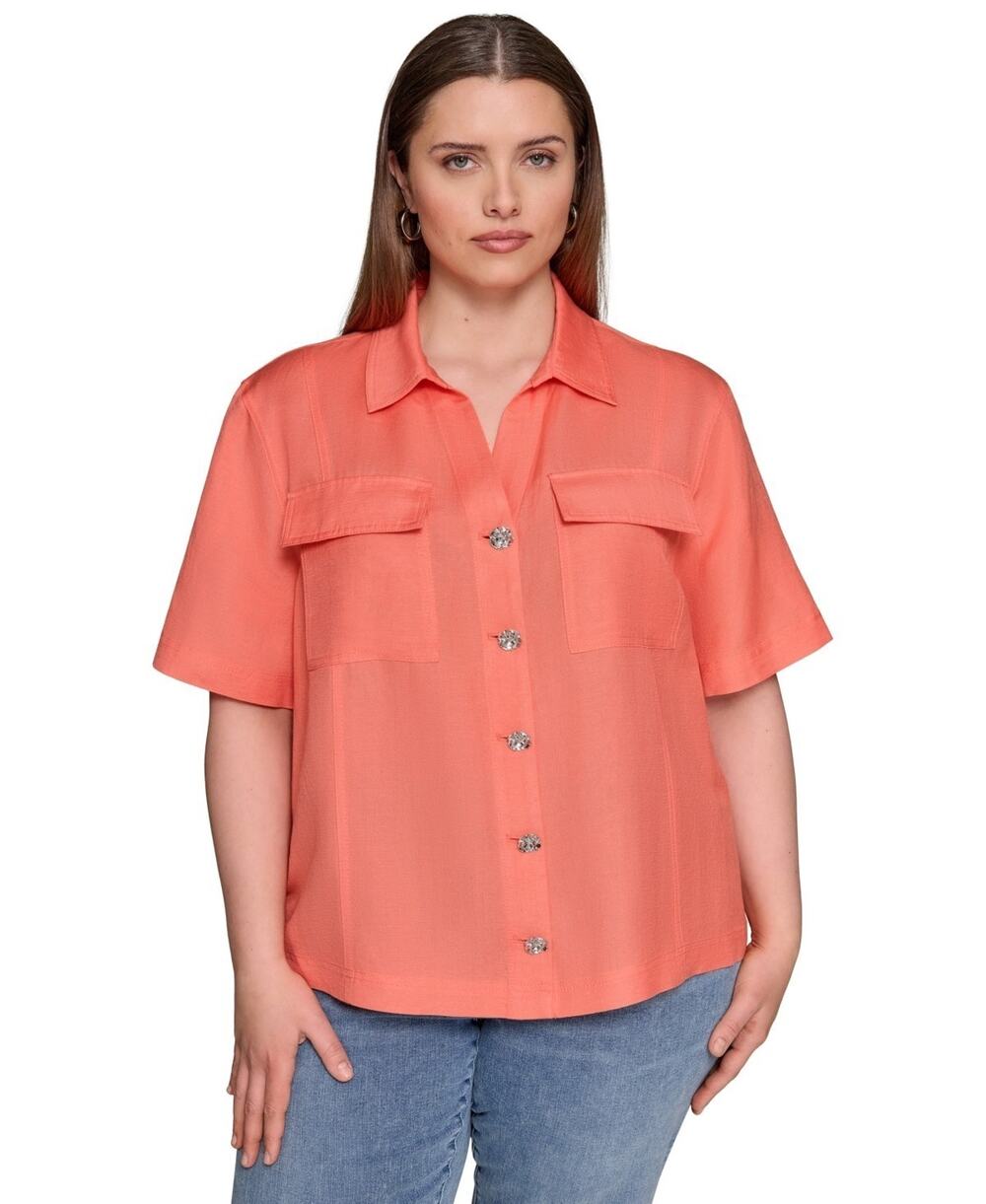 KARL LAGERFELD PARIS Plus Size Short-Sleeve Shirt Jacket Coral Size 1X 2916
